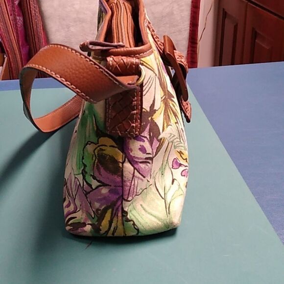 Caribbean Joe Purple and Brown Floral Shoulder Bag with Leather Accents - Picture 4 of 11